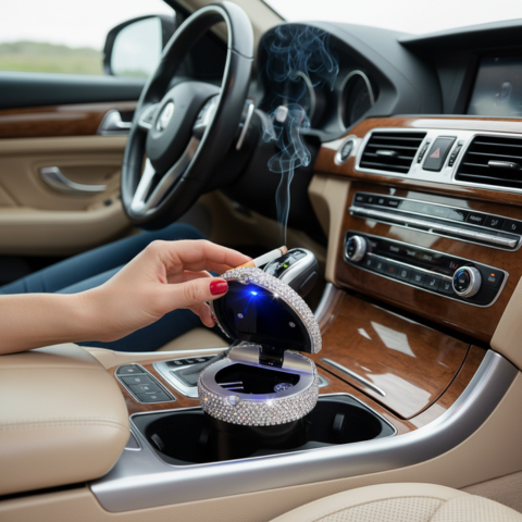 Mini Cendrier Voiture Brillante — Design Élégant & Fermeture Anti-Fumée